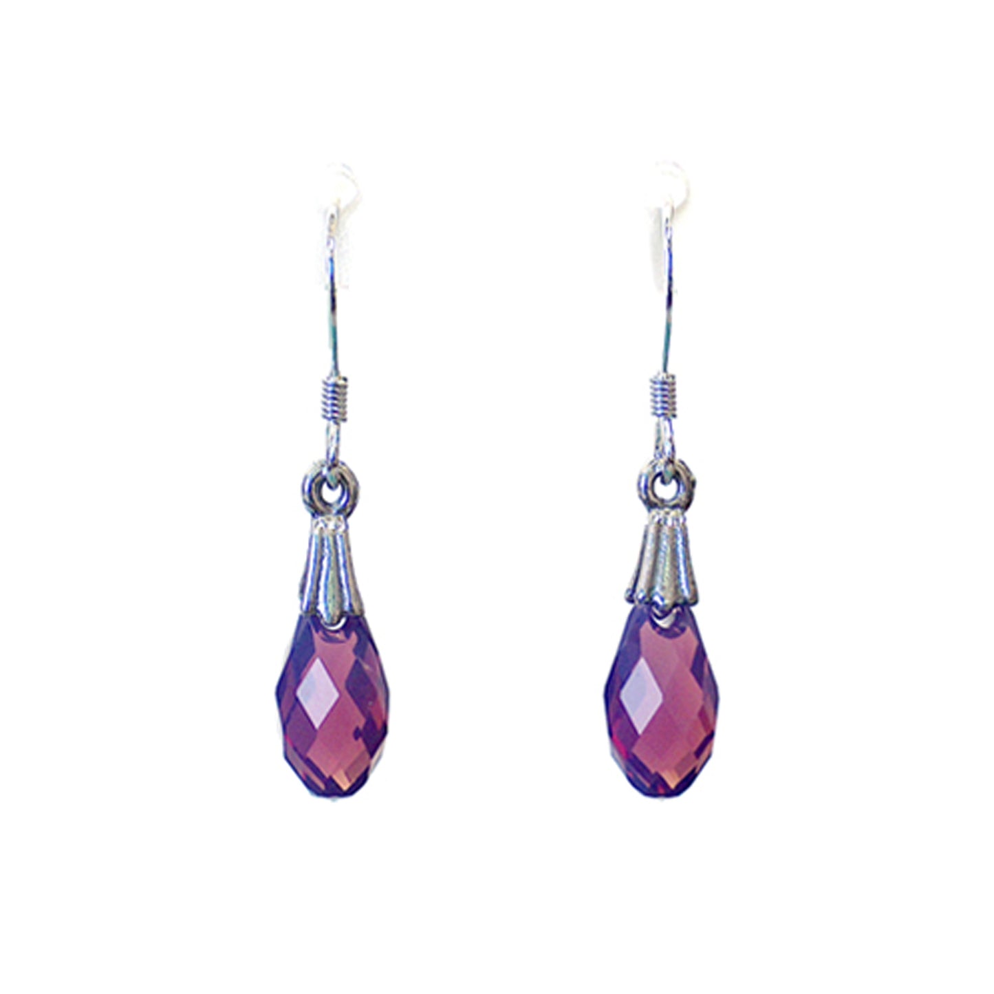 Purple Cyclamen Briolette Earrings / 30mm length / fleur de lis bail / crystal pendant / sterling silver hook earwires