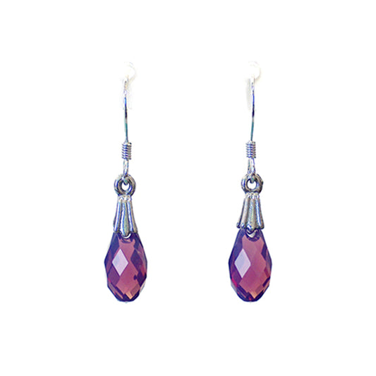 Purple Cyclamen Briolette Earrings / 30mm length / fleur de lis bail / crystal pendant / sterling silver hook earwires