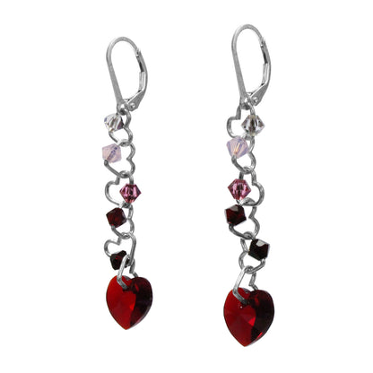 Crystal Passion Earrings / 57mm Length / sterling silver leverbacks / choose a heart crystal color from red, pink or dark rainbow