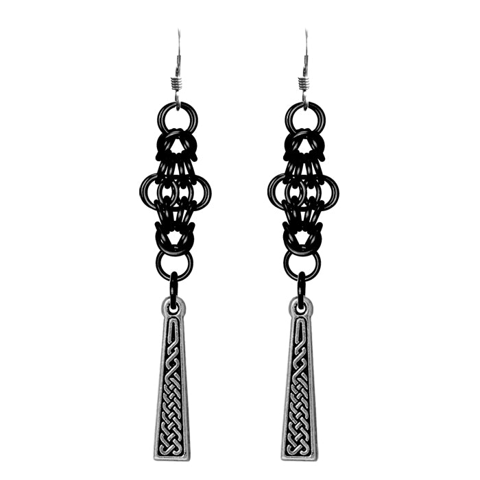Celtic Chainmail Cross Earrings / 70mm length / black chainmail / sterling silver earwires