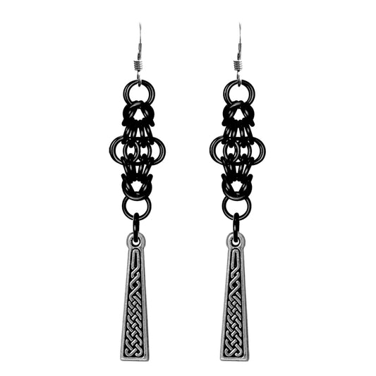 Celtic Chainmail Cross Earrings / 70mm length / black chainmail / sterling silver earwires