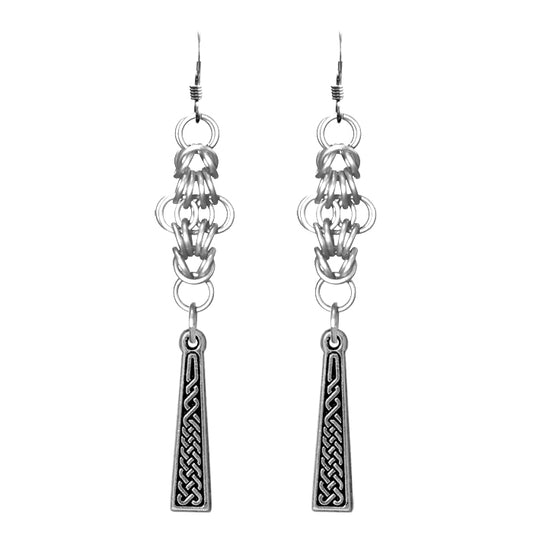 Celtic Chainmail Cross Earrings / 70mm length / silver pewter pendants / sterling silver earwires