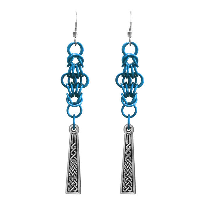 Celtic Chainmail Cross Earrings / 70mm length / blue chainmail / sterling silver earwires