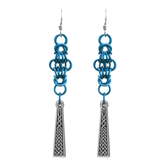 Celtic Chainmail Cross Earrings / 70mm length / blue chainmail / sterling silver earwires