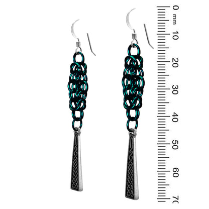 Celtic Chainmail Cross Earrings / 70mm length / teal chainmail / sterling silver earwires