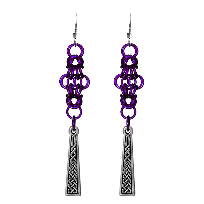 Celtic Chainmail Cross Earrings / 70mm length / purple chainmail / sterling silver earwires
