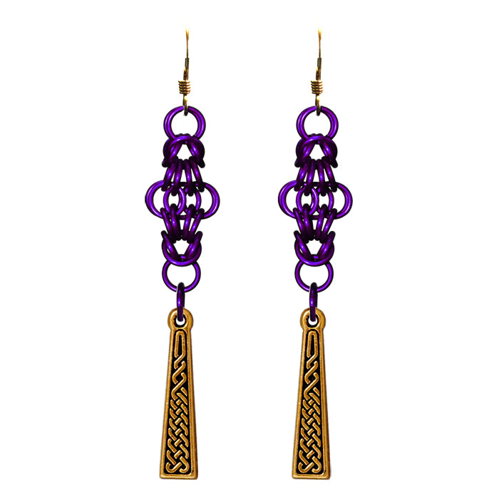 Celtic Chainmail Cross Earrings / 70mm length / purple chainmail / gold filled earwires