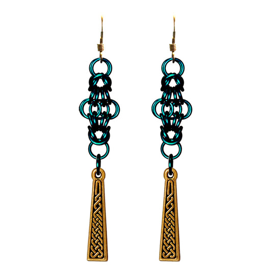Celtic Chainmail Cross Earrings / 70mm length / teal green chainmail / gold filled earwires