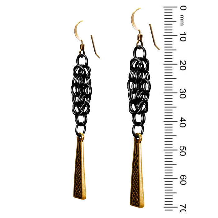 Celtic Chainmail Cross Earrings / 70mm length / black chainmail / gold filled earwires