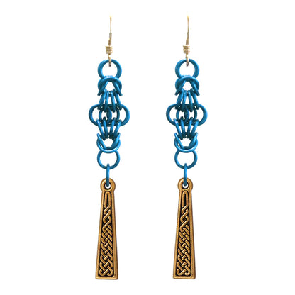 Celtic Chainmail Cross Earrings (blue / gold)