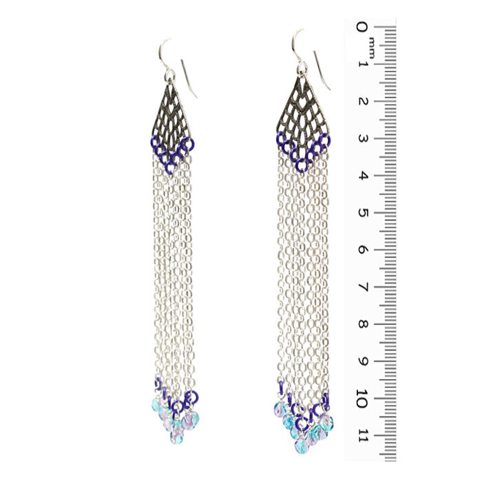 April Rain Earrings / 115mm length / chandelier shoulder duster / lilac mint purple and silver / sterling silver earwires