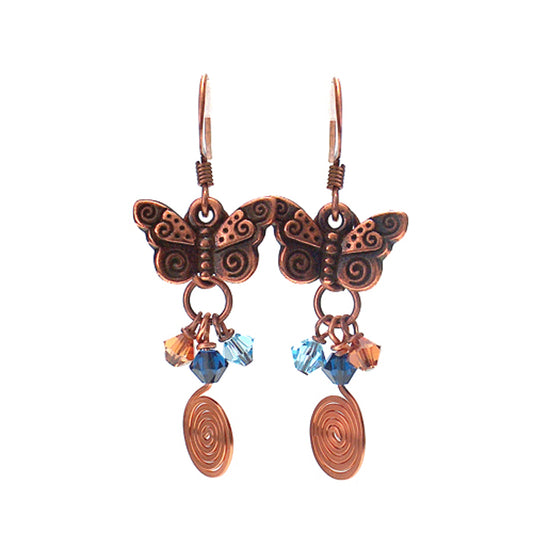 Copper Butterfly Earrings / 45mm length / mythical butterflies with fabulous spiral tails