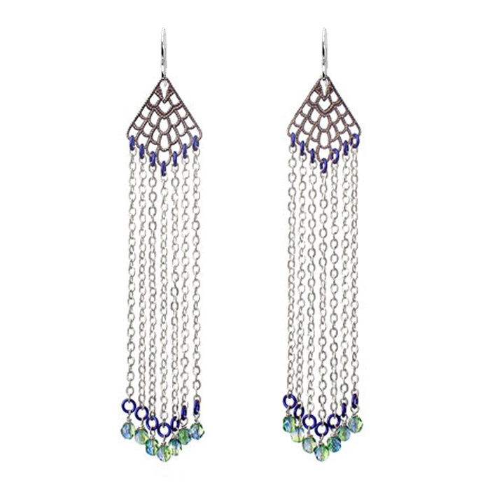 Spring Rain Earrings / 115mm length / chandelier shoulder duster / green, purple and silver / sterling silver earwires