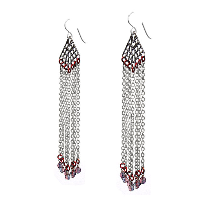 Summer Rain Earrings / chandelier shoulder duster / 115mm length / silver and red / sterling silver hook earwires