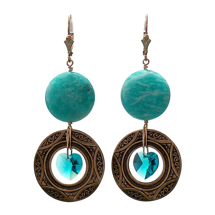 Green Amazonite Earrings / 65mm length / art deco style pendants with crystal hearts / gold filled leverbacks