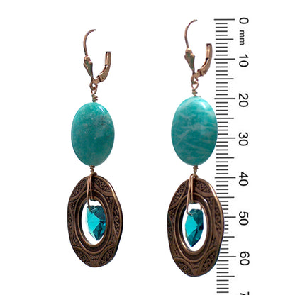 Green Amazonite Earrings / 65mm length / art deco style pendants with crystal hearts / gold filled leverbacks