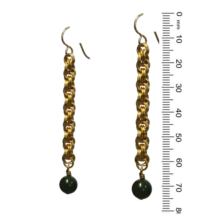 BC Jade Spiral Chainmail Earrings / 75mm length / gold filled earwires