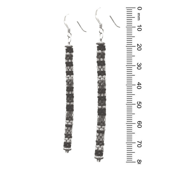 Black and Silver Tube Earrings / 80mm length / sterling silver hook earwires