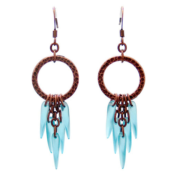 Blue Icicle Earrings / 65mm length / pewter hammertone rings with dark copper finish / dark copper earwires