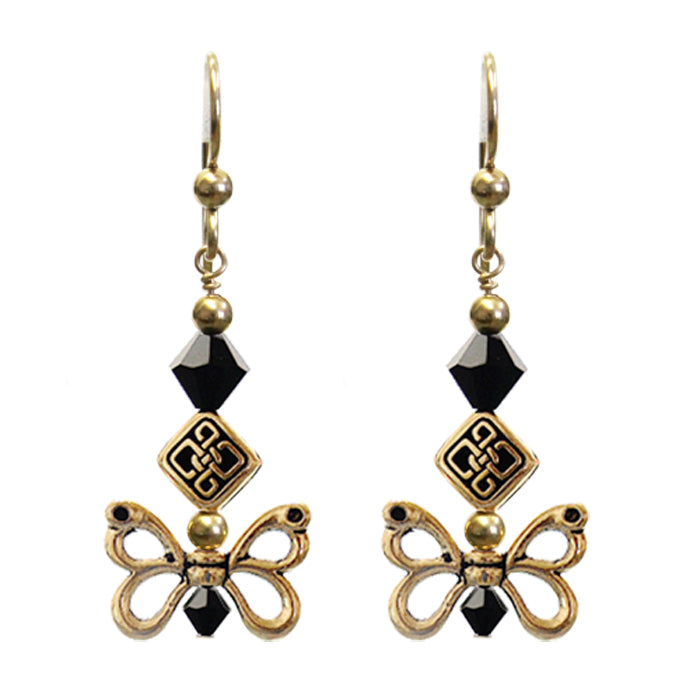 Celtic Butterfly Wing Earrings / 45mm length / black and gold / insect wings / gold filled earwires