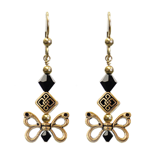Celtic Butterfly Wing Earrings / 45mm length / black and gold / insect wings / gold filled earwires