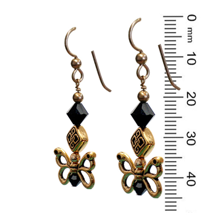 Celtic Butterfly Wing Earrings / 45mm length / black and gold / insect wings / gold filled earwires