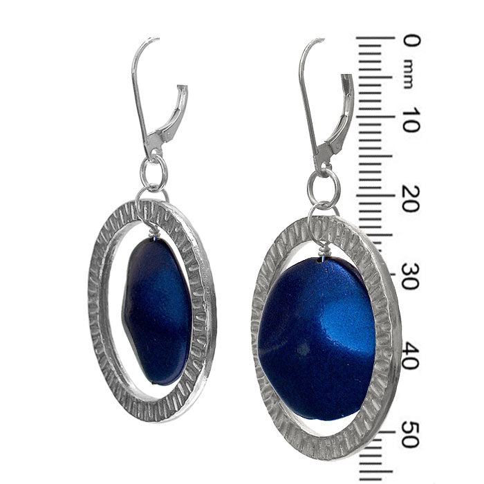 Ring Earrings / 54mm length / blue glass coin beads with silver pewter rings / sterling leverbacks