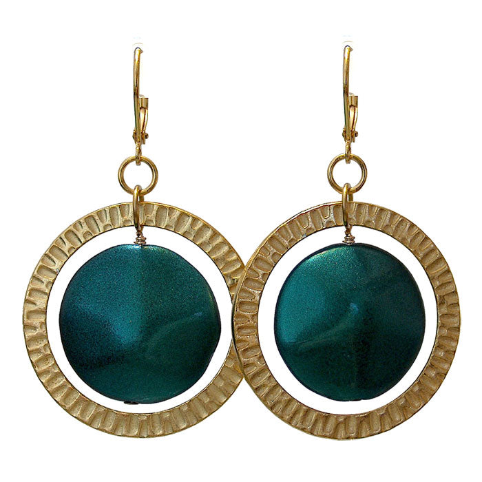 Ring Earrings / 54mm length / green glass coin beads with gold pewter rings / gold filled leverbacks