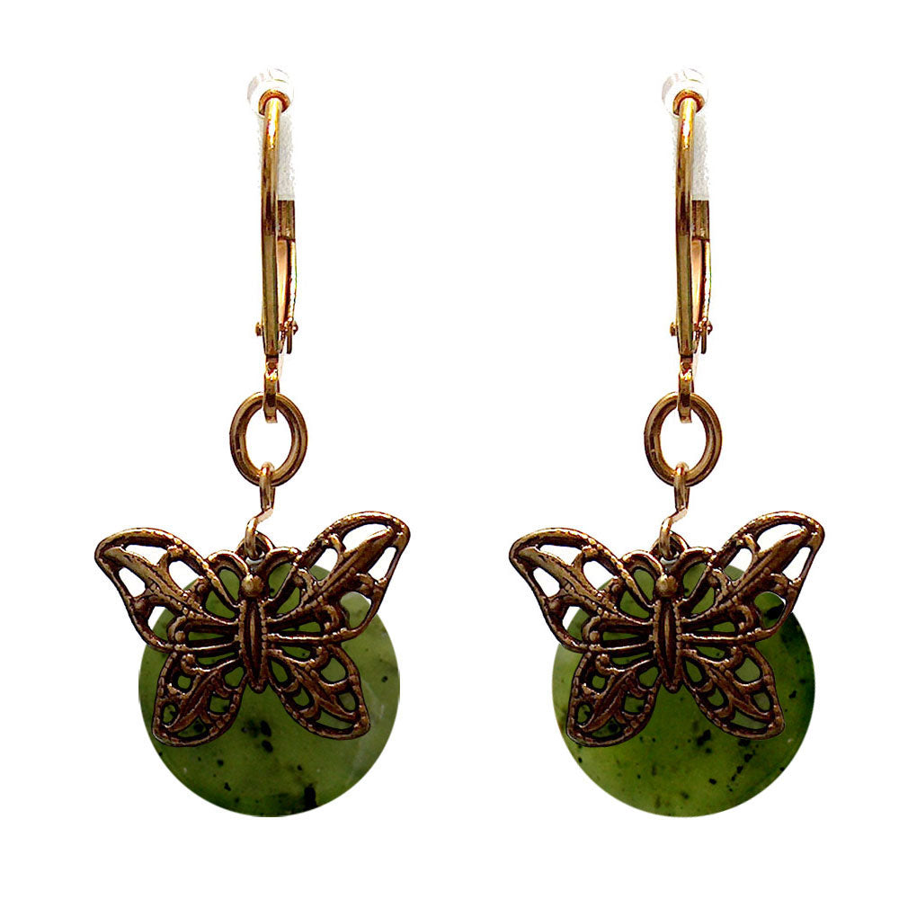 Green Serpentine Butterfly Earrings / 32mm length / filigree butterfly wings / gold plate leverback earwires