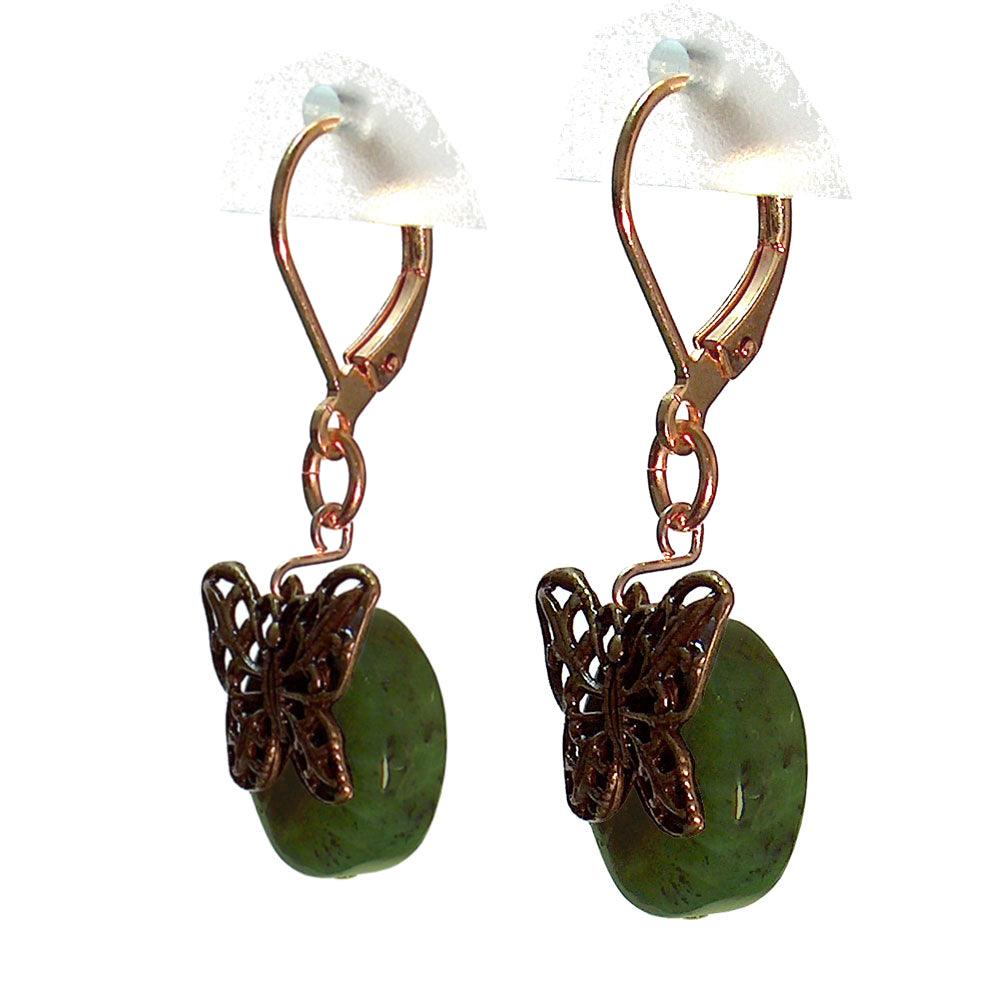 Green Serpentine Butterfly Earrings / 32mm length / filigree butterfly wings / gold plate leverback earwires