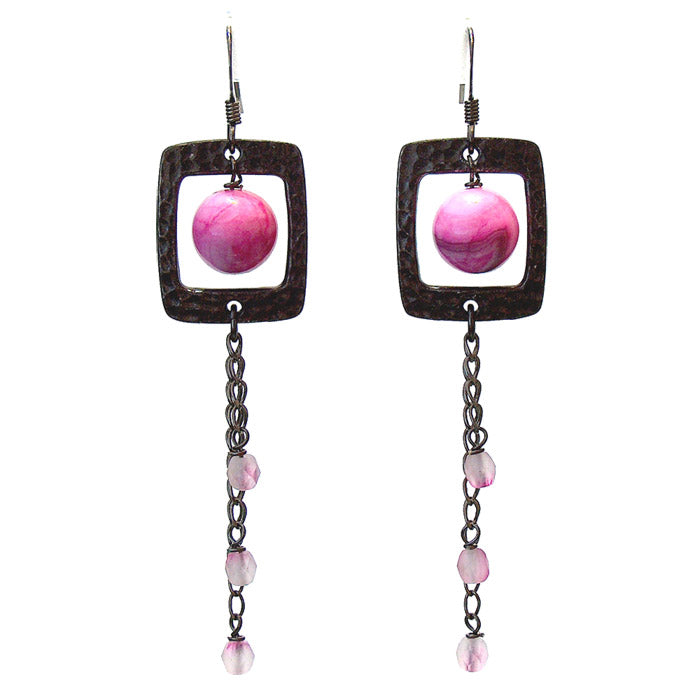 Black & Pink Chain Earrings / 75mm length / gunmetal hook earwires