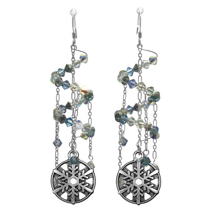 Snowflake Earrings with crystal helix / 80mm length / sterling silver earwires