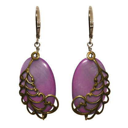 Purple Shell Earrings / 48mm length / river shell and feather / gold filled leverbacks