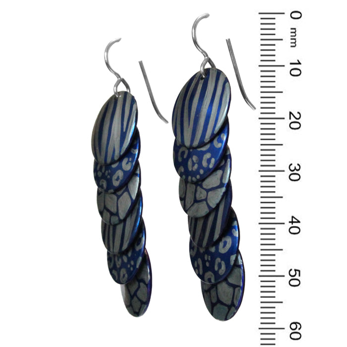 Silver Blue Animal Prints Earrings / 57mm length / sterling silver earwires / safari africa zoo cheetah or giraffe spots, tiger stripes