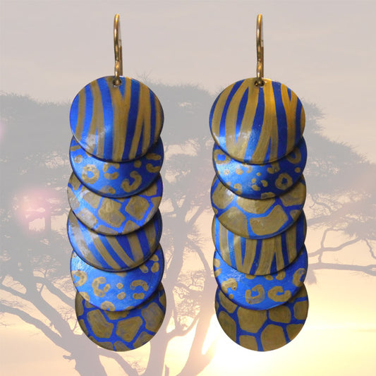 Gold Blue Animal Prints Earrings / 57mm length / gold filled earwires / safari africa zoo cheetah or giraffe spots, tiger stripes