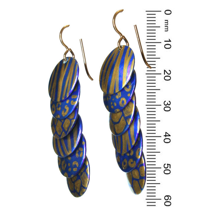 Gold Blue Animal Prints Earrings / 57mm length / gold filled earwires / safari africa zoo cheetah or giraffe spots, tiger stripes