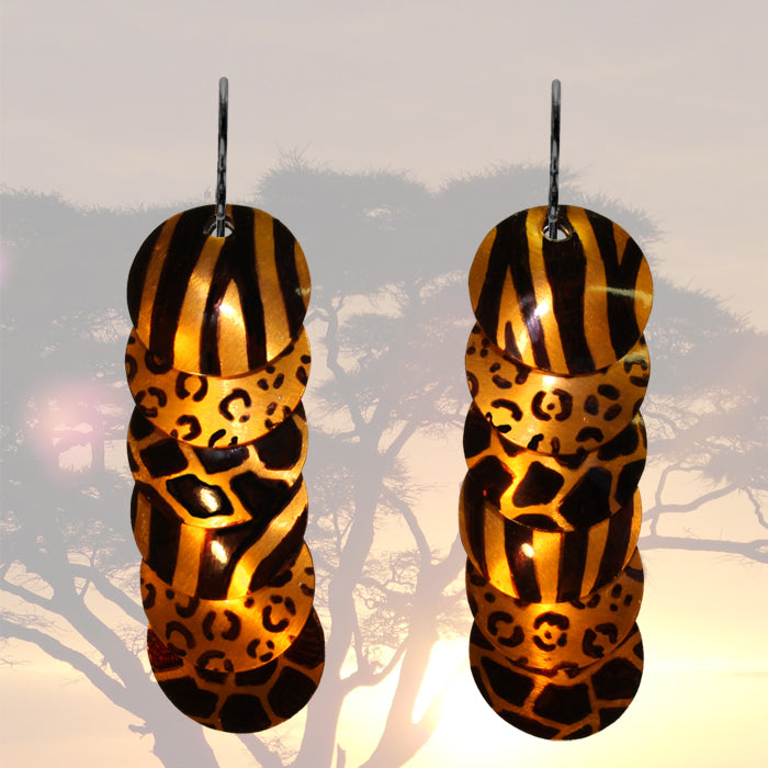 Orange Animal Prints Earrings / 57mm length / black niobium earwires / cheetah or giraffe spots, tiger stripes