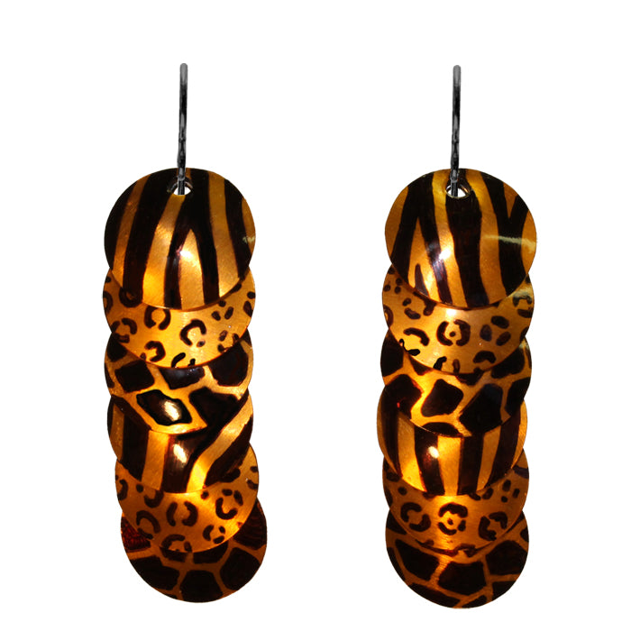Orange Animal Prints Earrings / 57mm length / black niobium earwires / cheetah or giraffe spots, tiger stripes