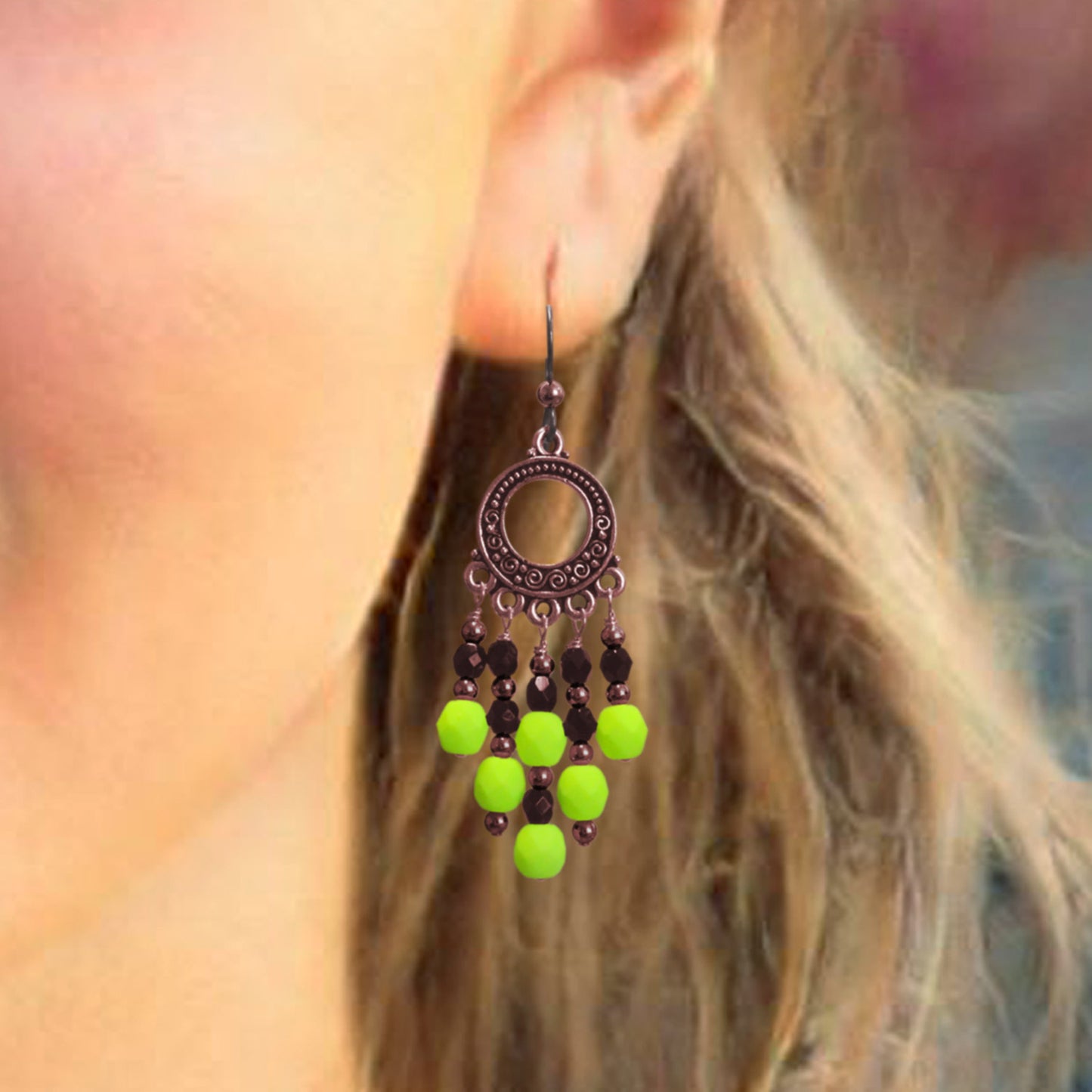 Neon Yellow Chandelier Earrings / 65mm length / dark copper with hypo-allergenic niobium earwires