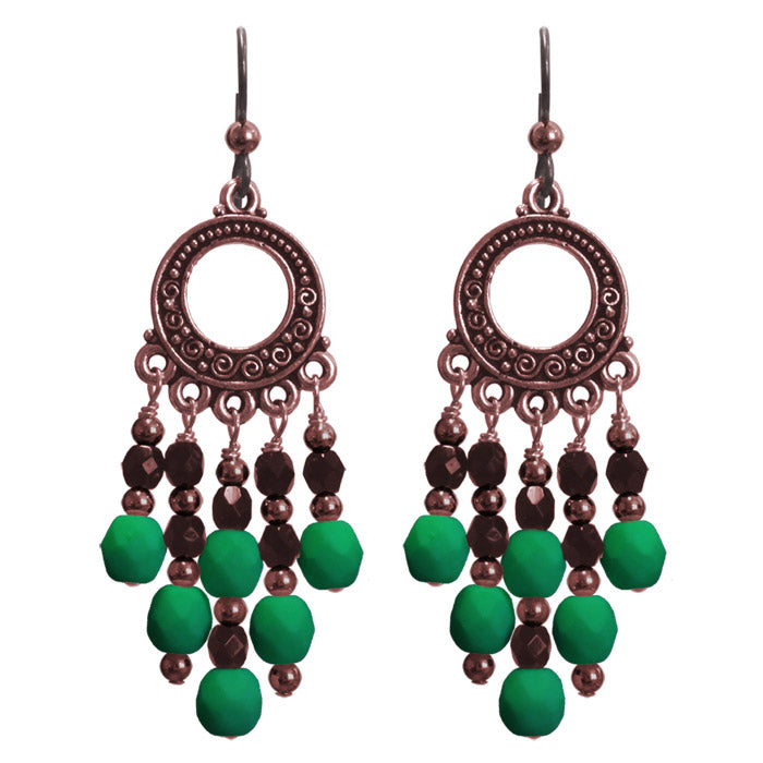 Neon Emerald Green Chandelier Earrings / 65mm length / dark copper with hypo-allergenic niobium earwires