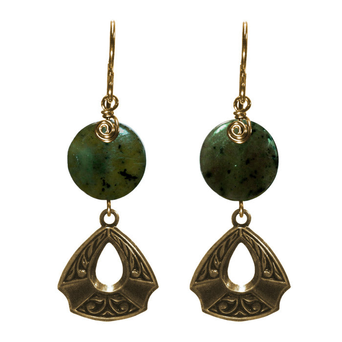 Green Serpentine Earrings / 45mm length / triangle flourish pendant / gold filled earwires