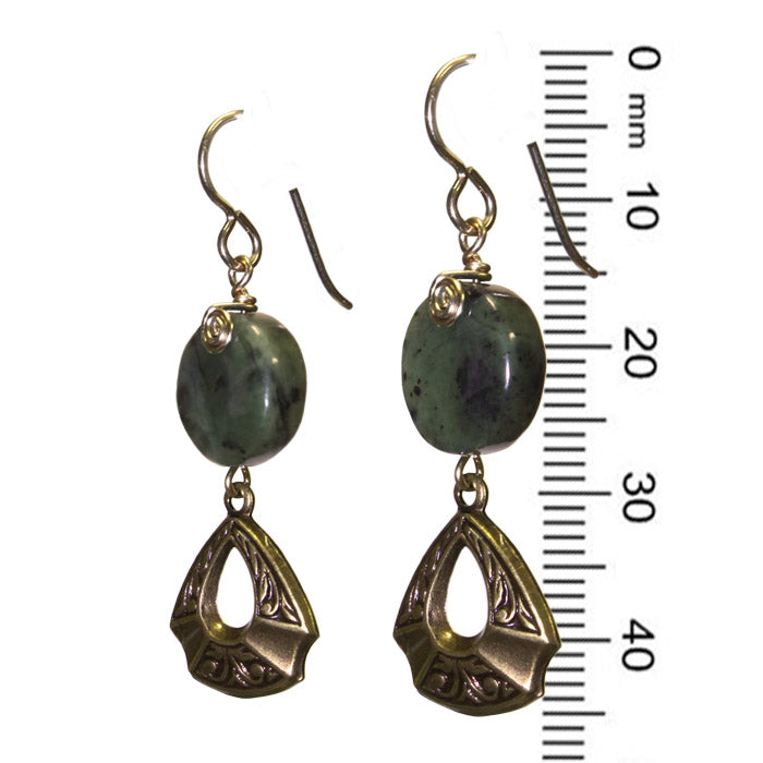 Green Serpentine Earrings / 45mm length / triangle flourish pendant / gold filled earwires