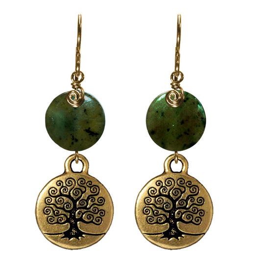Green Serpentine Tree of Life Earrings /  47mm length / gold filled earwires