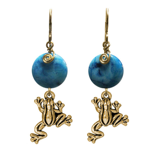 Leap Frog Earrings / 47mm length / blue crazy lace agate / gold filled earwires