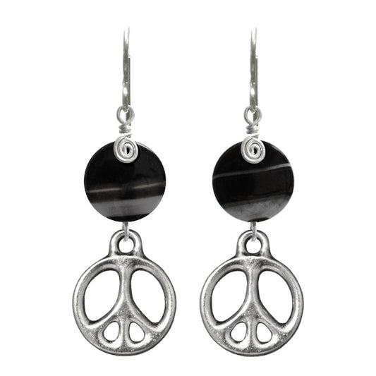 Black Sardonyx Peace Earrings / 47mm length / sterling silver hook earwires