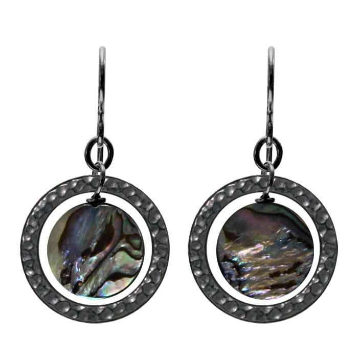 Paua Shell Earrings / 35mm length / black pewter rings / black niobium earwires