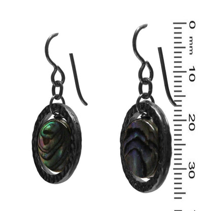 Paua Shell Earrings / 35mm length / black pewter rings / black niobium earwires