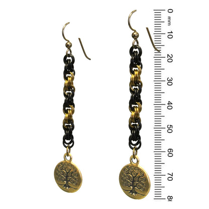 Tree of Life Chainmail Earrings / 80mm length / gold filled earwires / black and gold / charm earrings