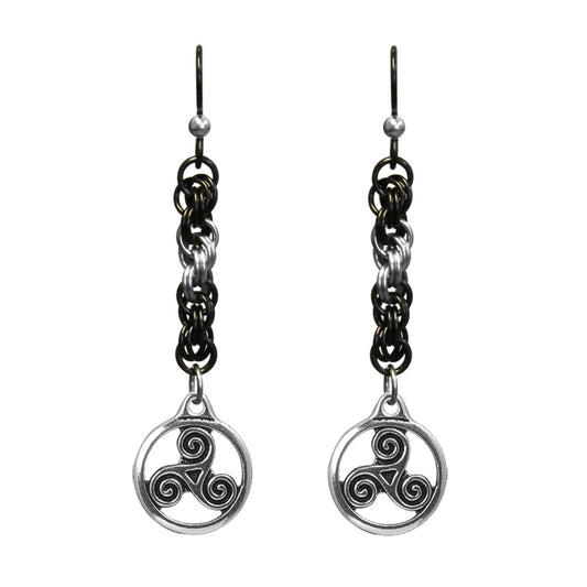 Triskele Chainmail Earrings  / 63mm length / celtic charms / black niobium earwires