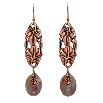 Woodland Copper Earrings / 70mm length / pink tourmaline in quartz / copper earwires